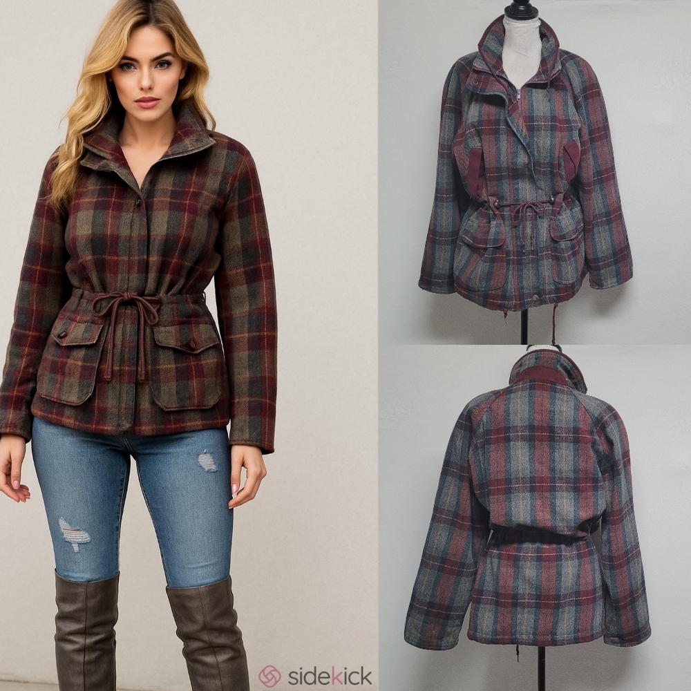 Out Brook Vintage 90s Marron Gray Plaid Wool Blend Tie-Waist Anorak Jacket S